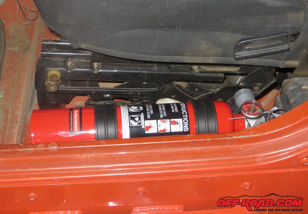 Although the H3R Performance fire extinguishers come with roll bar mounts, we prefer the instant availability of the extinguishers next to our seats. We can grab them as were exiting the Jeep instead of having to access them inside a top at the Jeeps rear.