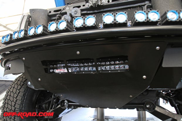 The C-Series 20-inch Amber LED light bar and all eight of the Flex Dual LED lights are in place on the Baja Coyote bumper.