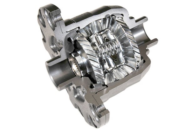 Looking at this center section of a conventional limited-slip differential you can see the spring mechanism whose spring tension controls how much slip the differential has before engaging the other wheel.