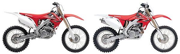 The Honda CRF450r motocross bike (left) shares many of the same components as the Honda CRF450x off-road bike (right) making it a good candidate. (Photo Honda Motor Co.)
