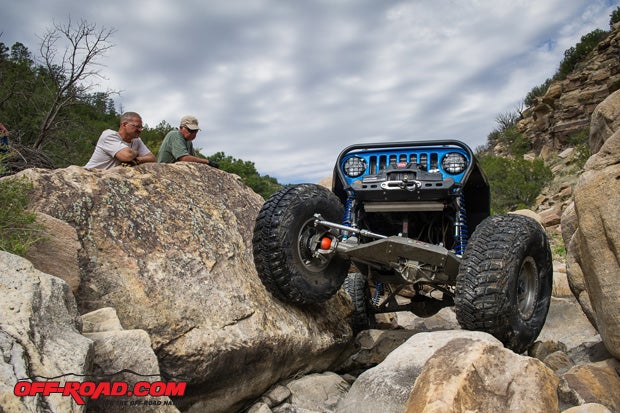 These 42 tires are dwarfed when compared to the boulders that greeted our group. Spencer Theriault maneuvered precariously around the tight squeeze in his TJ buggy.
