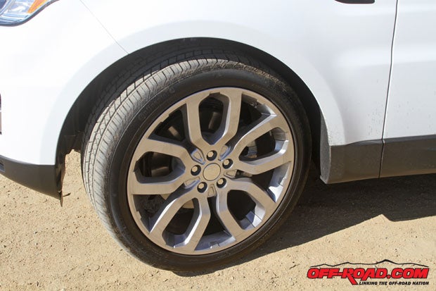 These 22-inch wheels are actually a $3,000 upgrade. They look great but arent ideal for anything touching the dirt. Surprisingly, even with the road-minded Continental tires, the Range Rover Sport was more capable off the highway than we expected. 