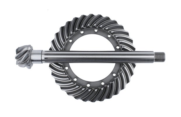 Shown in this image are both a ring gear (the large, circular gear) and the pinion gear (the long piece in the forefront). Photo Courtesy of Weddle Racing
