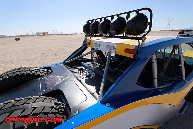 The rooftop-mounted light bar can be adjusted from the driver seat with the flip of a switch. Two full-size 39-inch BFG Baja Projects ride in the back of the Truggy, along with a 65-gallon Harmon Racing fuel cell for those long desert trips.