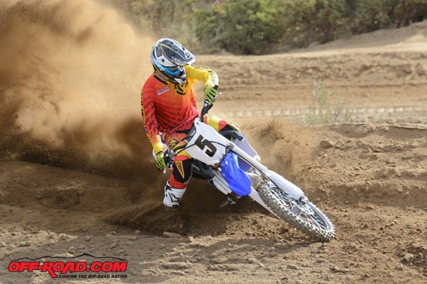 Cornering feel and precision are greatly improved on the 2015 YZ450F, but be careful with the throttle on the exit of the turn. It's hard to steer the front wheel when it's in the air.