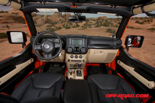 The interior is designed to be plush while also offering easy cleanup for this open-air Wrangler. 
