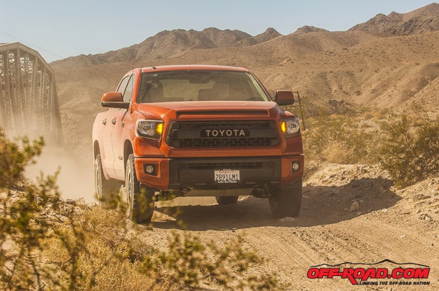 The TRD Pro Tundra is a favorite of ours to drive in off-road terrain. With its additional two inches of clearance, we love the V8 power of the Tundra paired with the suspension upgrades the TRD Pro package provides. 