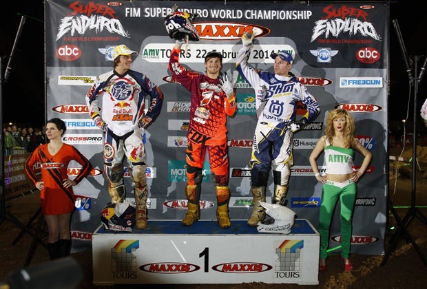 Taddy Blazusiak (center) earned the FIM SuperEnduro World Championship title, while an injured Mathias Bellino (right) fought through the pain to earn his first SuperEnduro podium. Jonny Walker (left) followed up his runner-up finish at the Hells Gate Hard Enduro to earn the win in the second Premier Final. 